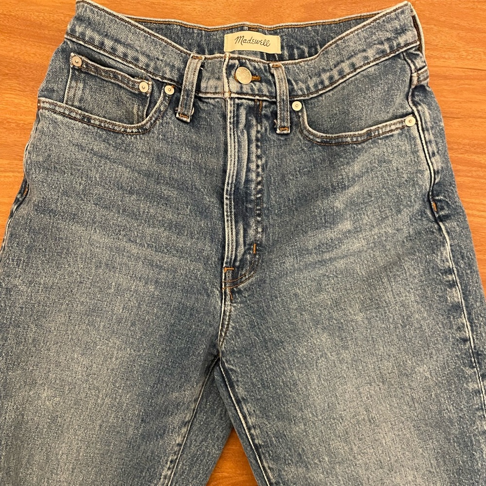 Madewell Blue Boot Cut Jeans with Distressed Vintage Look